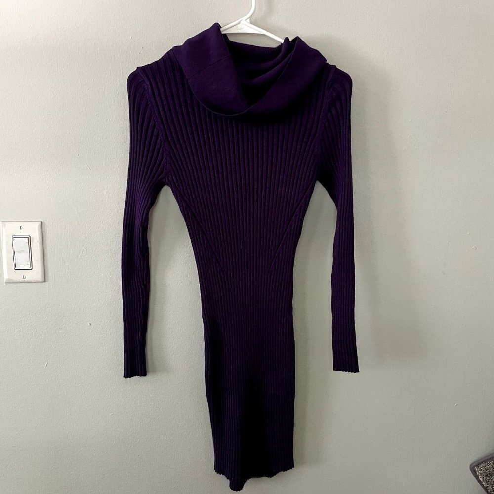 Purple knit sweater dress ribbed classic fitted winter warm dress long sleeves